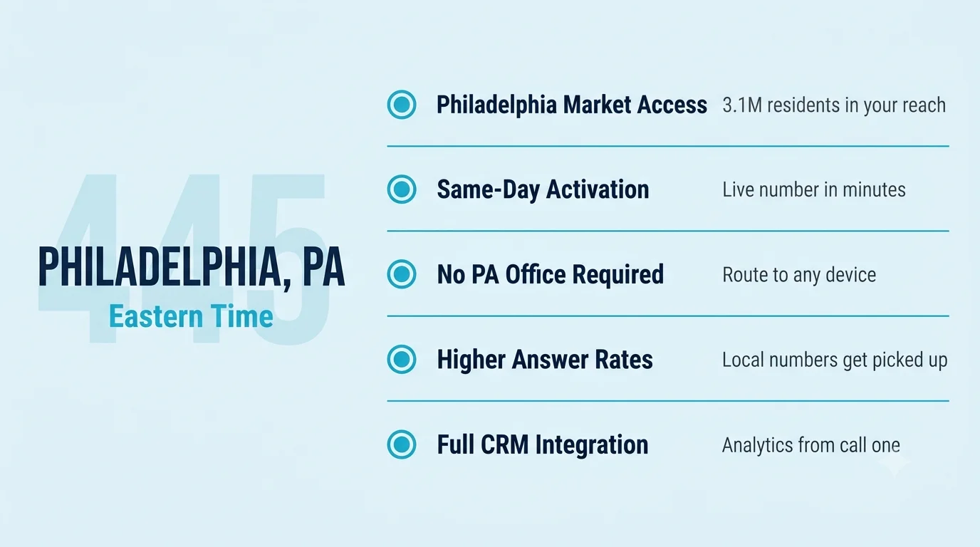 Analytics dashboard on pale blue background with three white metric cards showing Philadelphia Market Reach 3.1M Residents Same-Day Activation and No PA Office Required with Local 445 Presence card below showing southeast Pennsylvania county outline