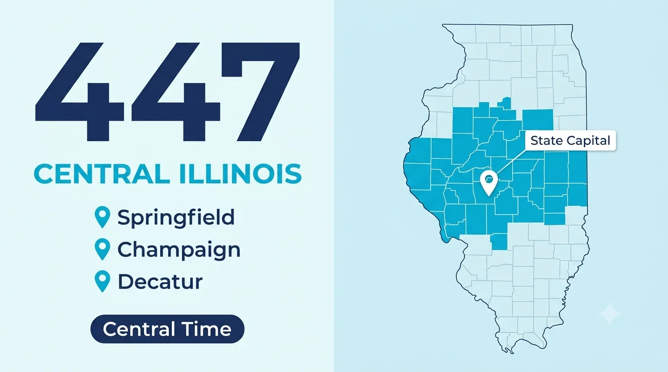 447 Area Code infographic showing Springfield IL and Central Time with Illinois state map highlighting 29 central counties and major cities