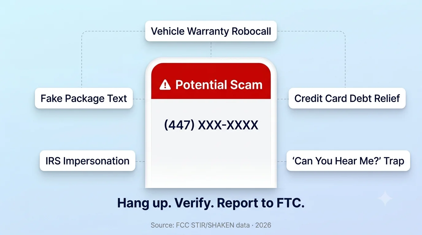 447 scam call warning infographic on pale blue background showing simulated phone caller ID screen with five floating warning bubble labels for Vehicle Warranty Robocall IRS Impersonation Can You Hear Me Voice Phishing Fake Package Text and Credit Card Debt Relief