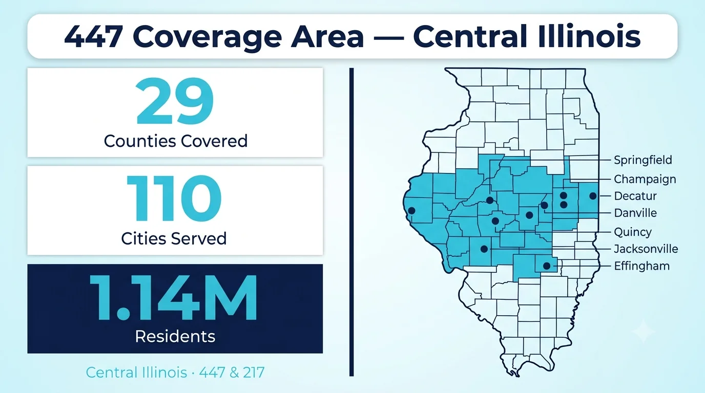 447 area code coverage map of central Illinois on pale blue background showing 29 county spotlight with Springfield Champaign Decatur Urbana Danville and Quincy city labels and "29 Counties · 110 Cities" bottom strip