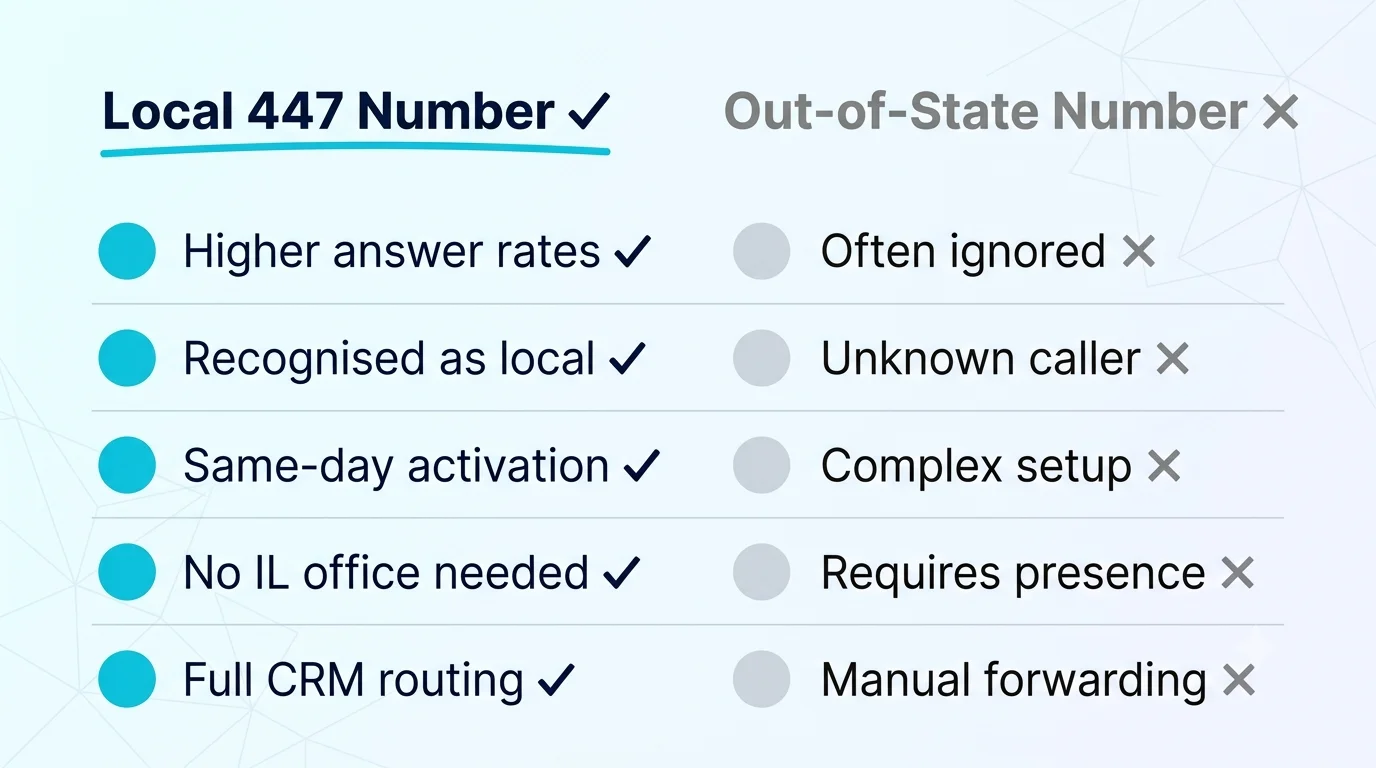 Why choose 447 area code infographic on pale blue background with two column comparison checklist showing Local 447 Number checkmarks vs Out-of-State Number X marks for answer rates trust activation and routing