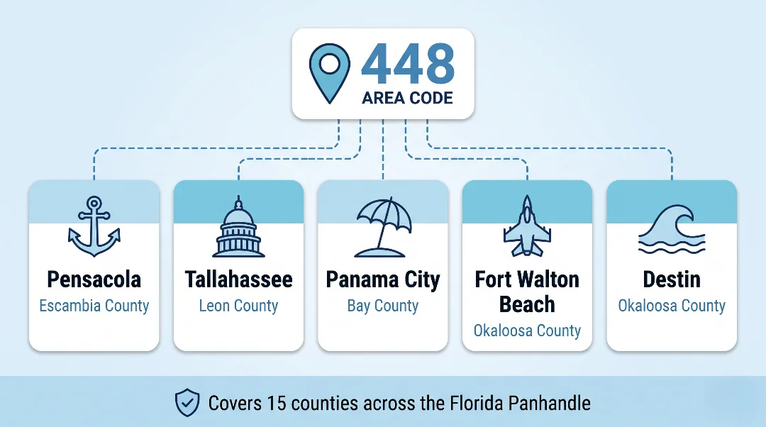448 Coverage Area Florida Panhandle postcard grid on pale blue background with four destination cards showing Pensacola Naval Aviation Tallahassee State Capitol Panama City Beach and Destin Emerald Coast each with a simplified illustration and 448 county count header