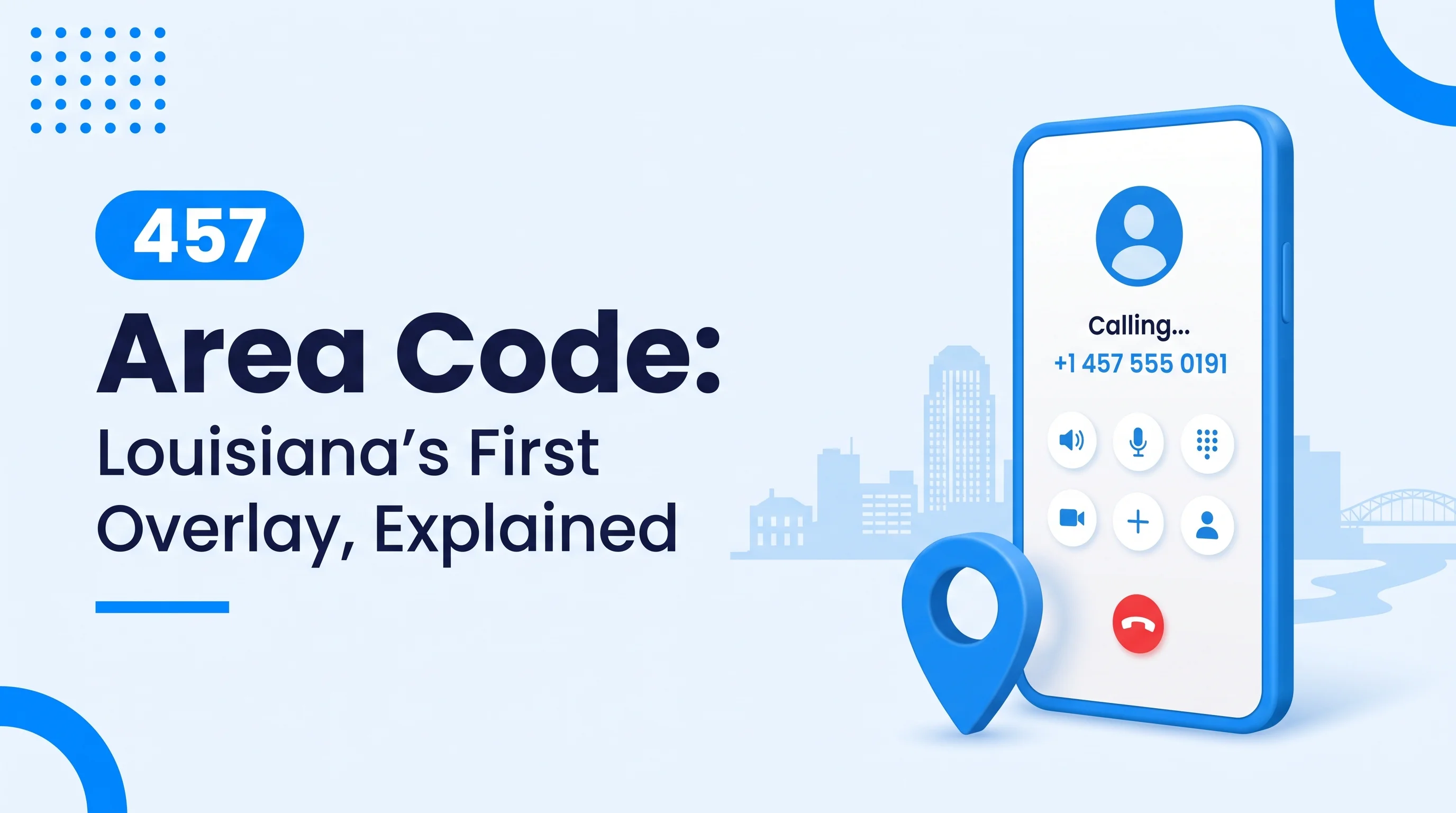 457 Area Code Northern Louisiana infographic showing Shreveport Monroe and Bossier City on a Louisiana map with Central Time label on a pale blue background