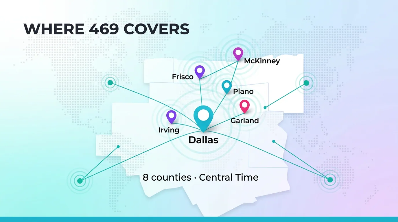 Map of where the 469 area code covers including Dallas, Frisco, McKinney, Plano, Irving and Garland across 8 counties