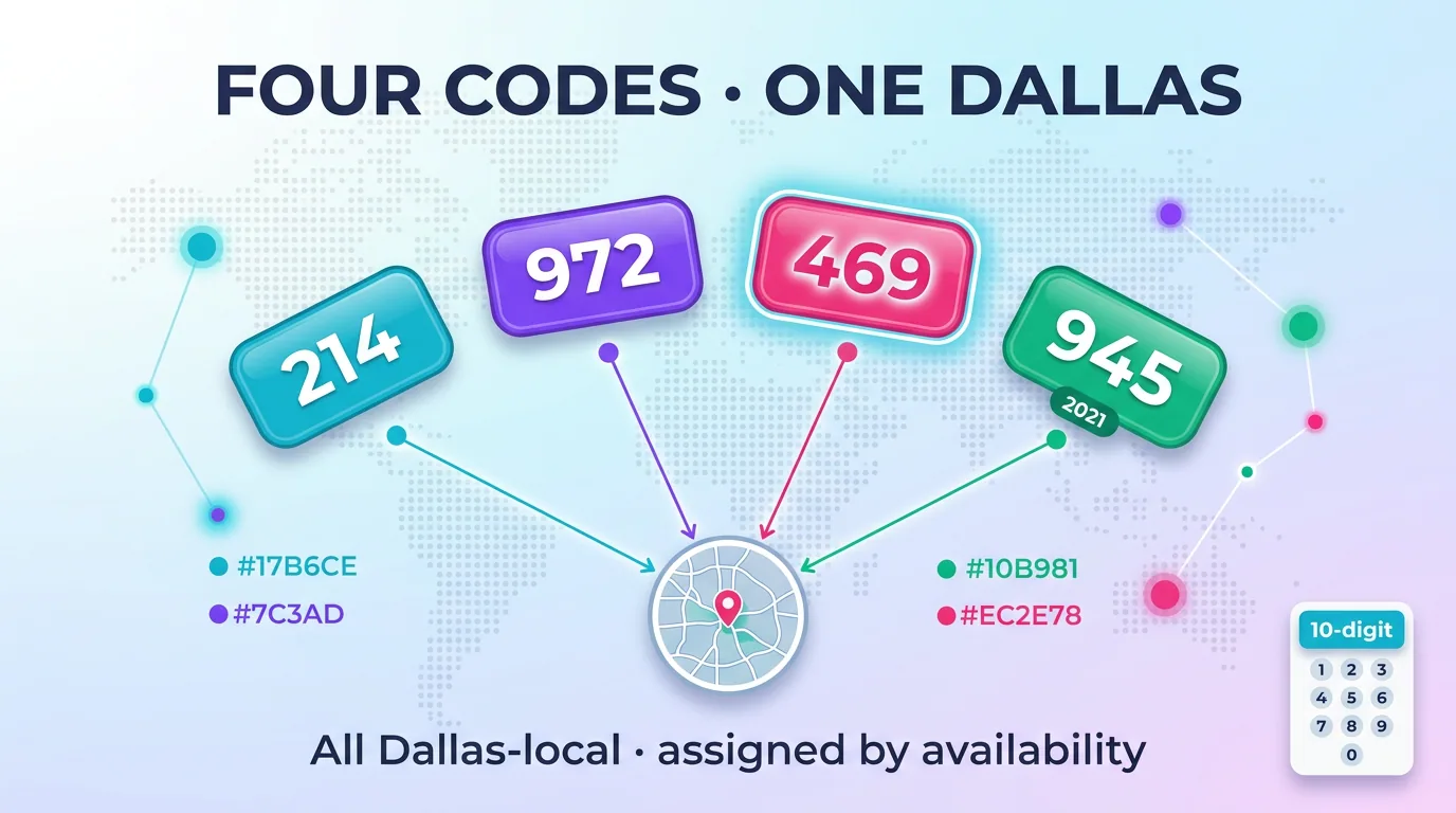 Infographic showing four codes 214, 972, 469 and 945 all serving one Dallas region, assigned by availability