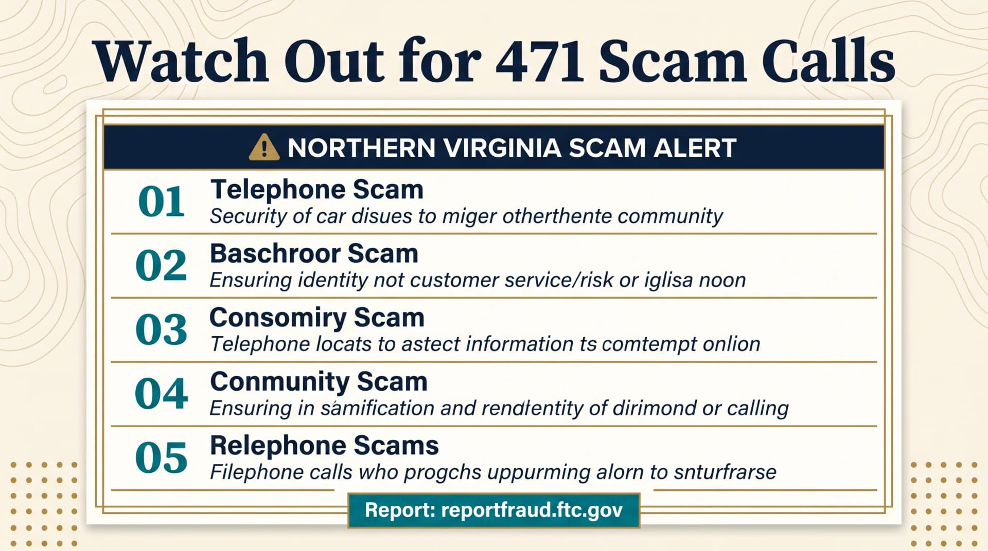 Watch Out for 471 Scam Calls framed bulletin notice infographic on warm cream background with topographic contour lines showing a cream white rectangular panel with antique gold double-line border frame containing dark navy header bar with gold warning triangle and white NORTHERN VIRGINIA SCAM ALERT text then five numbered rows 01 through 05 with bold teal ordinal numbers bold dark navy scam type names and italic descriptions separated by thin gold rules with teal footer bar reading Report reportfraud.ftc.gov