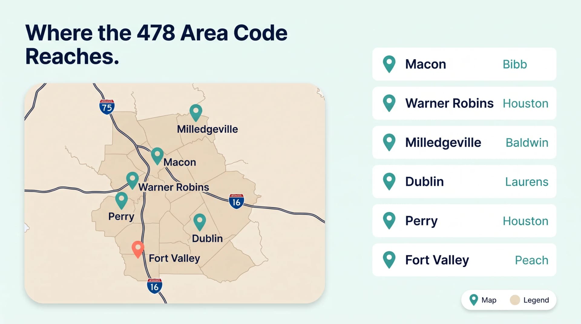 Where the 478 Area Code Reaches infographic on a mint-white background with a deep-navy heading Where the 478 Area Code Reaches, a large rounded beige map card of central Georgia on the left with I-75 and I-16 highway shields and teal and coral location pins for Macon, Milledgeville, Warner Robins, Perry, Dublin and Fort Valley, and on the right a vertical stack of six white city rows each with a teal pin icon listing Macon Bibb, Warner Robins Houston, Milledgeville Baldwin, Dublin Laurens, Perry Houston and Fort Valley Peach, with a Map and Legend pill at the bottom