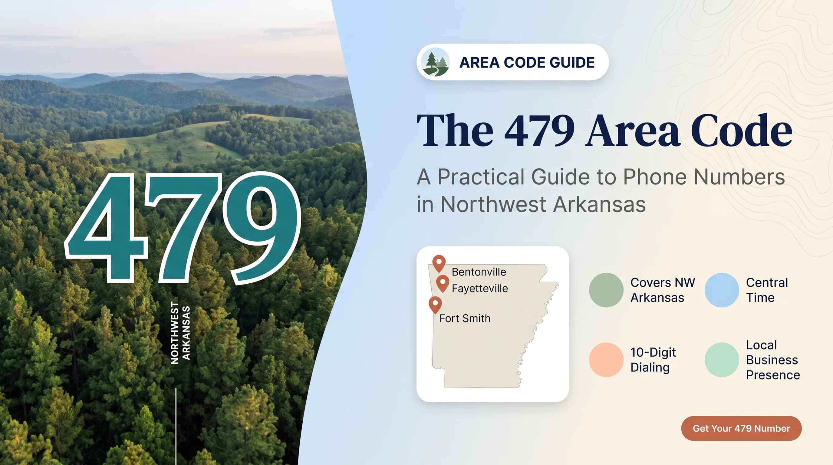 The 479 Area Code hero infographic with a split editorial layout - on the left a full-height photograph of the green Ozark hills and forest with a large teal 479 overlaid and a vertical NORTHWEST ARKANSAS label, and on the right a soft blue-to-cream topographic background with an AREA CODE GUIDE pill, a deep-navy serif heading The 479 Area Code, the subtitle A Practical Guide to Phone Numbers in Northwest Arkansas, a small Arkansas state map card with terracotta pins for Bentonville Fayetteville and Fort Smith, a cluster of pastel stat chips reading Covers NW Arkansas, Central Time, 10-Digit Dialing and Local Business Presence, and a terracotta Get Your 479 Number button