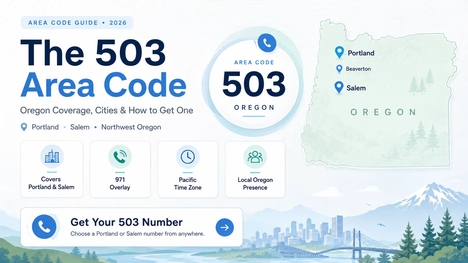 The 503 Area Code — Oregon Coverage, Cities & How to Get One. Area Code Guide 2026. Portland, Salem, Northwest Oregon. Covers Portland & Salem, 971 overlay, Pacific Time Zone, Local Oregon Presence. Get Your 503 Number — choose a Portland or Salem number from anywhere.