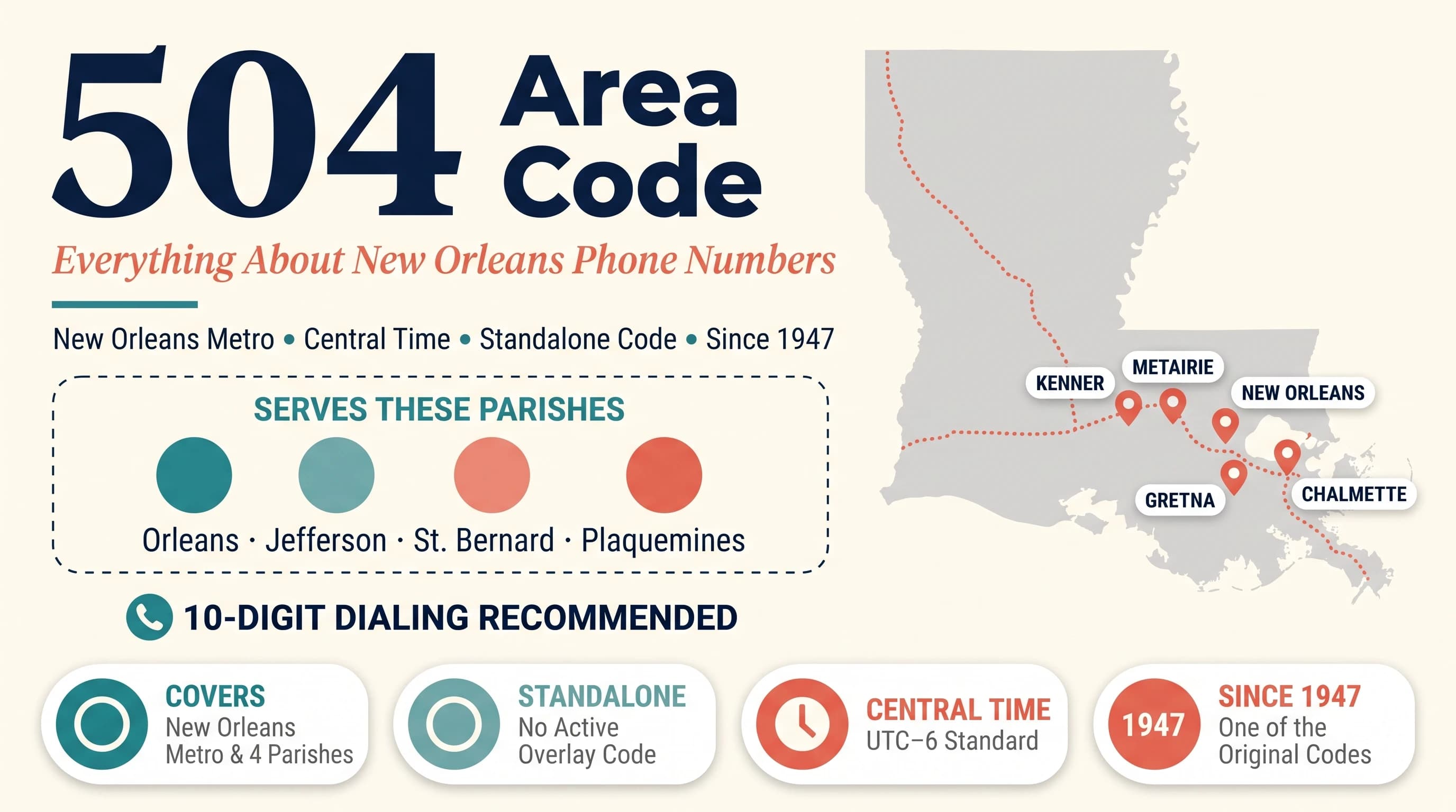 The 504 Area Code hero infographic in 786 style on a cream white background with the large serif numeral 504 and Area Code heading top left, an italic coral subtitle Everything About New Orleans Phone Numbers, a keyword row New Orleans Metro Central Time Standalone Code Since 1947, a dashed card showing Serves These Parishes with Orleans Jefferson St Bernard and Plaquemines circles, a 10-Digit Dialing Recommended label, a Louisiana state outline map with dotted coral route and pins for Kenner Metairie New Orleans Gretna and Chalmette, and a bottom stat strip with Covers Standalone Central Time and Since 1947 cards