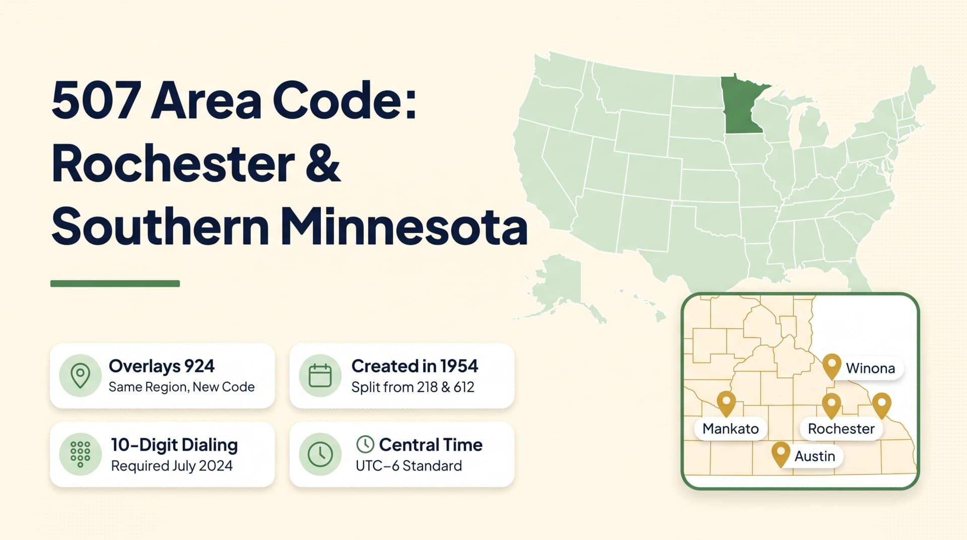 The 507 Area Code hero infographic in 669 style on a warm cream background with a large bold deep-navy multi-line heading 507 Area Code Rochester and Southern Minnesota on the left with a forest-green underline rule, a 2x2 grid of four white rounded stat cards showing Overlays 924 Same Region New Code, Created in 1954 Split from 218 and 612, 10-Digit Dialing Required July 2024, and Central Time UTC-6 Standard, and on the right a pale-green USA map with Minnesota highlighted in forest green and a rounded rectangular zoom-in showing southern Minnesota county outlines with harvest-gold pins for Rochester Mankato Winona and Austin