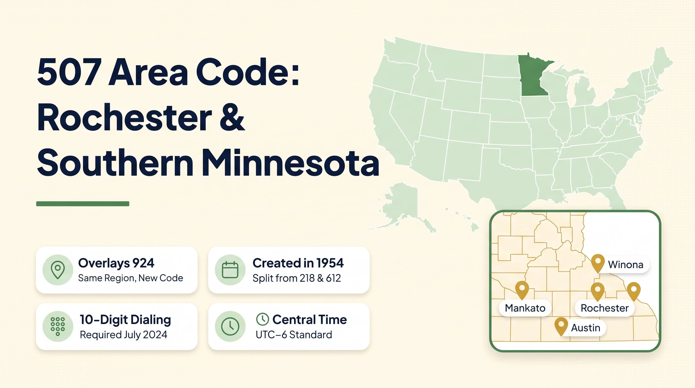The 507 Area Code hero infographic in 669 style on a warm cream background with a large bold deep-navy multi-line heading 507 Area Code Rochester and Southern Minnesota on the left with a forest-green underline rule, a 2x2 grid of four white rounded stat cards showing Overlays 924 Same Region New Code, Created in 1954 Split from 218 and 612, 10-Digit Dialing Required July 2024, and Central Time UTC-6 Standard, and on the right a pale-green USA map with Minnesota highlighted in forest green and a rounded rectangular zoom-in showing southern Minnesota county outlines with harvest-gold pins for Rochester Mankato Winona and Austin