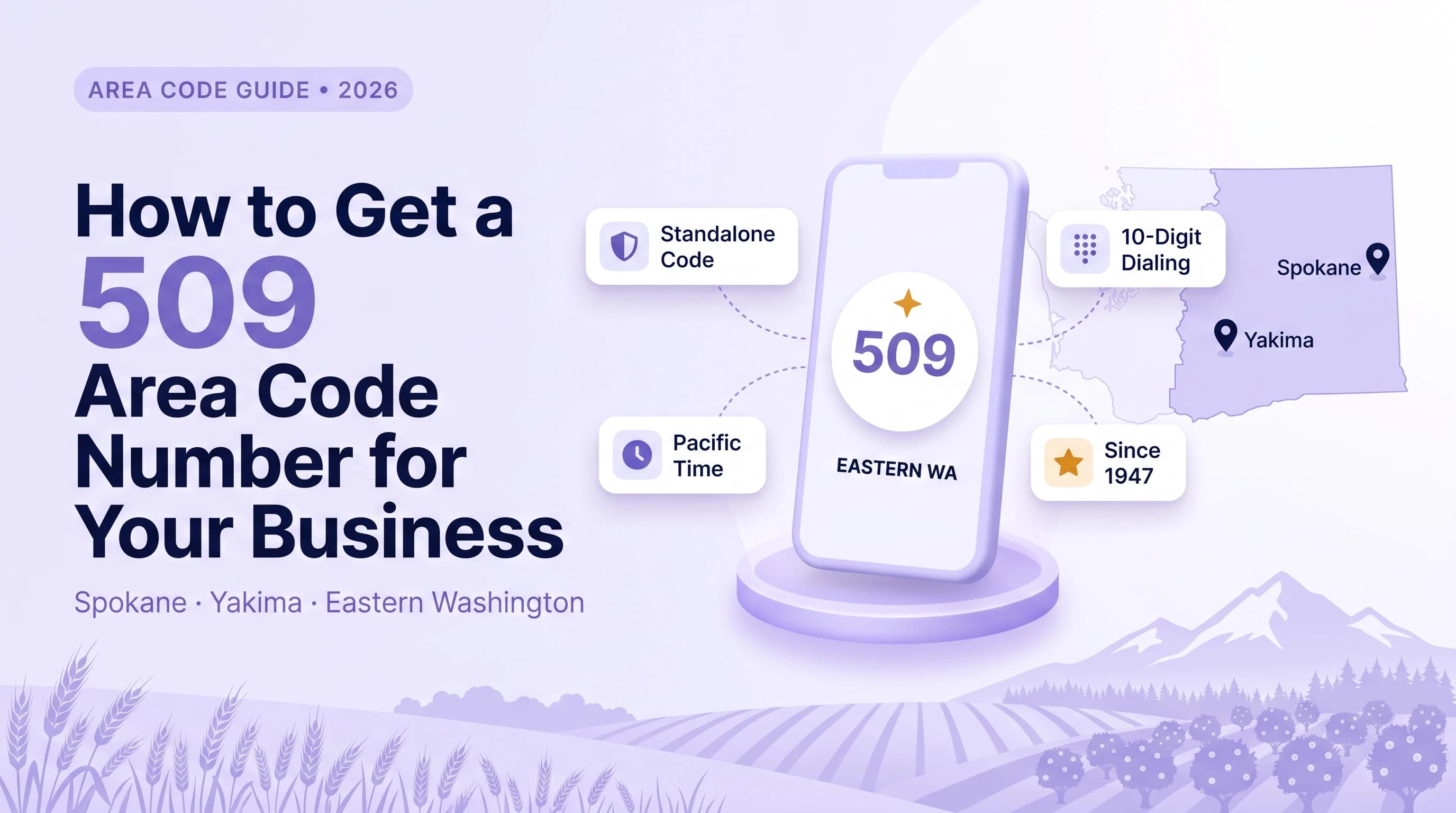 509 area code hero infographic in soft lavender purple style on a pale lavender-to-white gradient background with a wheat field and mountain silhouette at the bottom and AREA CODE GUIDE 2026 label at top left showing a large bold deep-navy multi-line heading How to Get a 509 Area Code Number for Your Business with 509 in large purple type and subtitle Spokane Yakima Eastern Washington beneath it a central floating 3D white smartphone with 509 and EASTERN WA on screen a gold star icon above the number four white floating info cards connected by purple dotted lines reading Standalone Code Pacific Time 10-Digit Dialing and Since 1947 and a faint Washington state outline on the right with purple pins for Spokane and Yakima