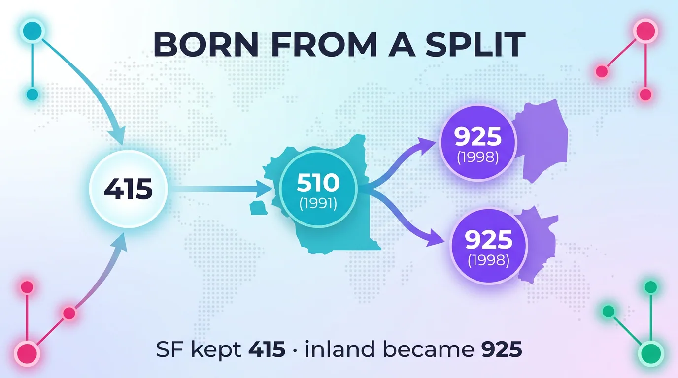 Diagram showing 510 born from a split of 415 in 1991, with SF keeping 415 and the inland East Bay becoming 925 in 1998