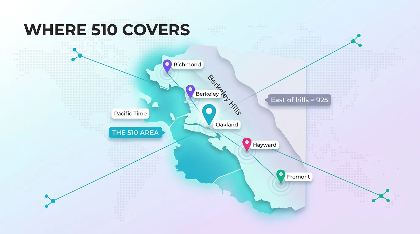 Map of where the 510 area code covers, from Richmond and Berkeley to Oakland, Hayward, and Fremont, with east of the Berkeley Hills marked as 925