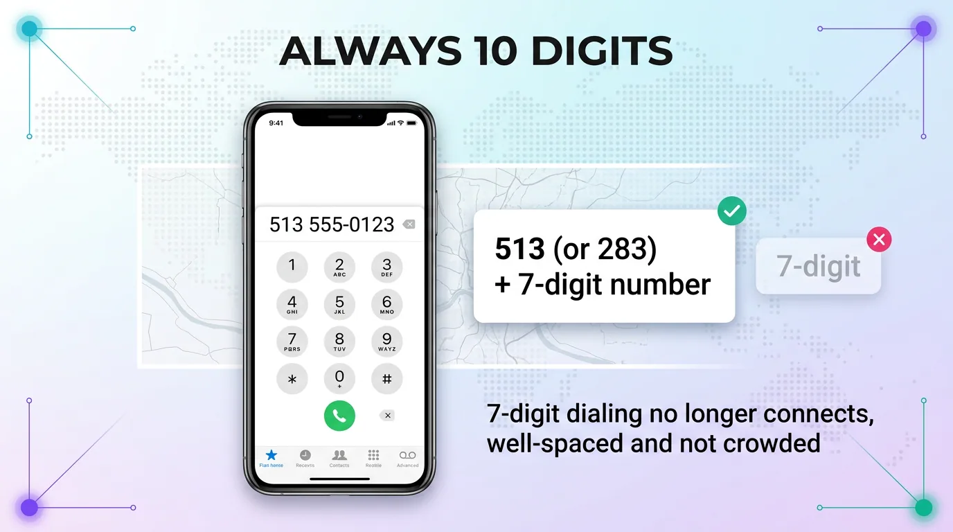 Phone showing that 513 and 283 numbers require 10-digit dialing since 7-digit dialing no longer connects