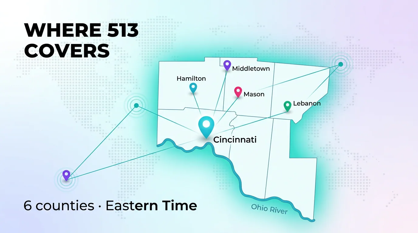 Map showing the six southwest Ohio counties and cities covered by the 513 area code