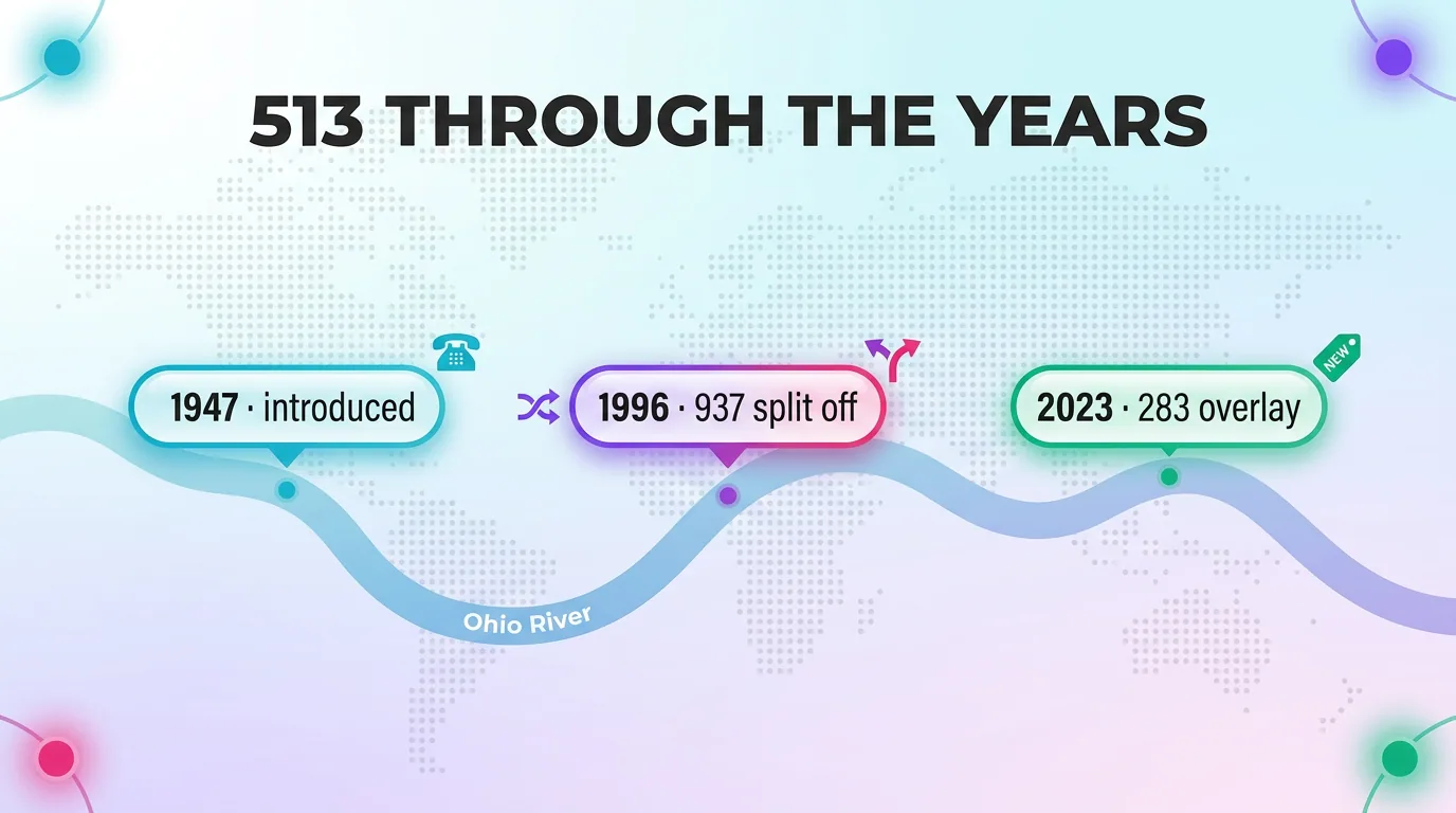 Timeline of the 513 area code showing 1947 introduction, 1996 937 split, and 2023 283 overlay