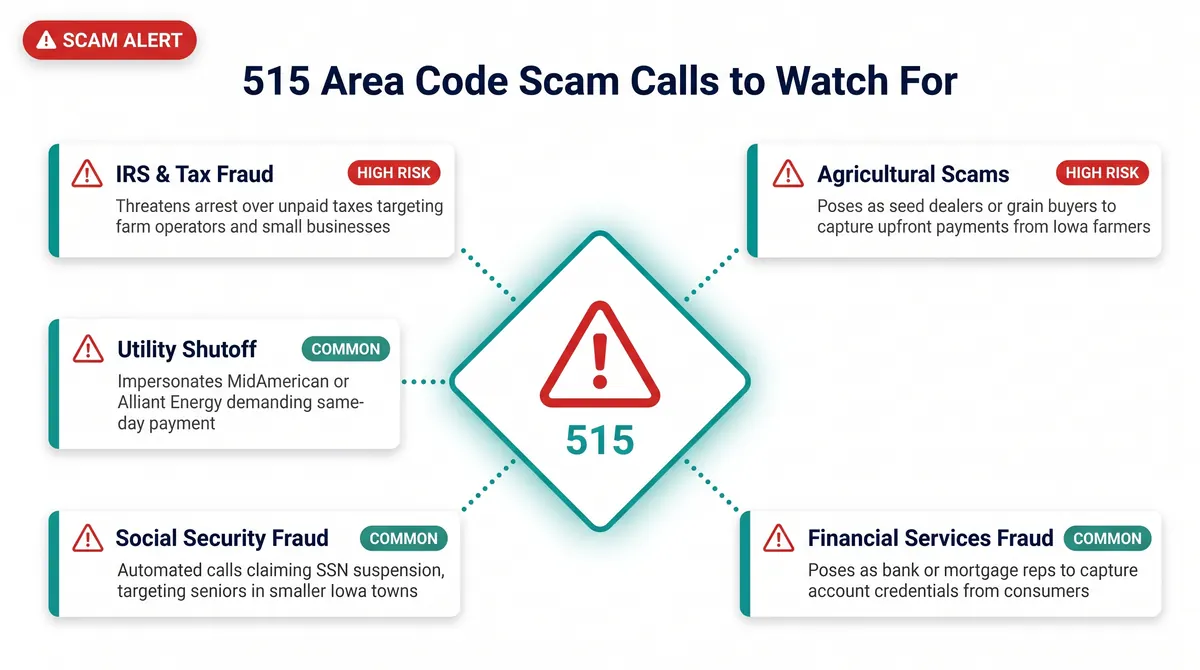 515 area code scam calls to watch for infographic showing IRS fraud, agricultural fraud, utility shutoff threats, Social Security fraud, and financial services fraud warning cards on a white background