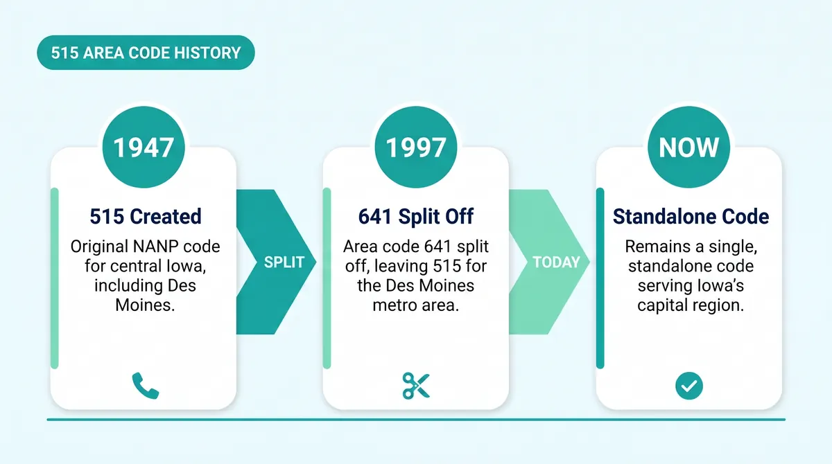 A short history of the 515 area code infographic showing key milestones from 1947 to present including the 1997 641 area code split
