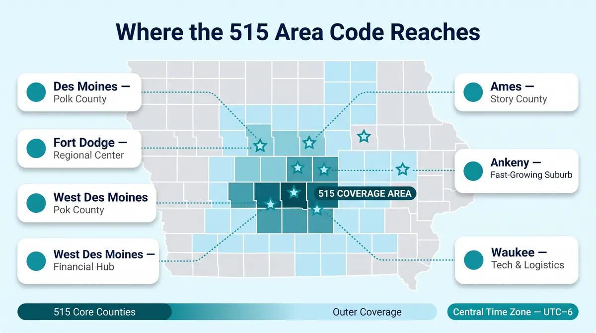 Cities in the 515 area code infographic showing Des Moines metro, Ames, Fort Dodge, and surrounding central Iowa communities on a county map