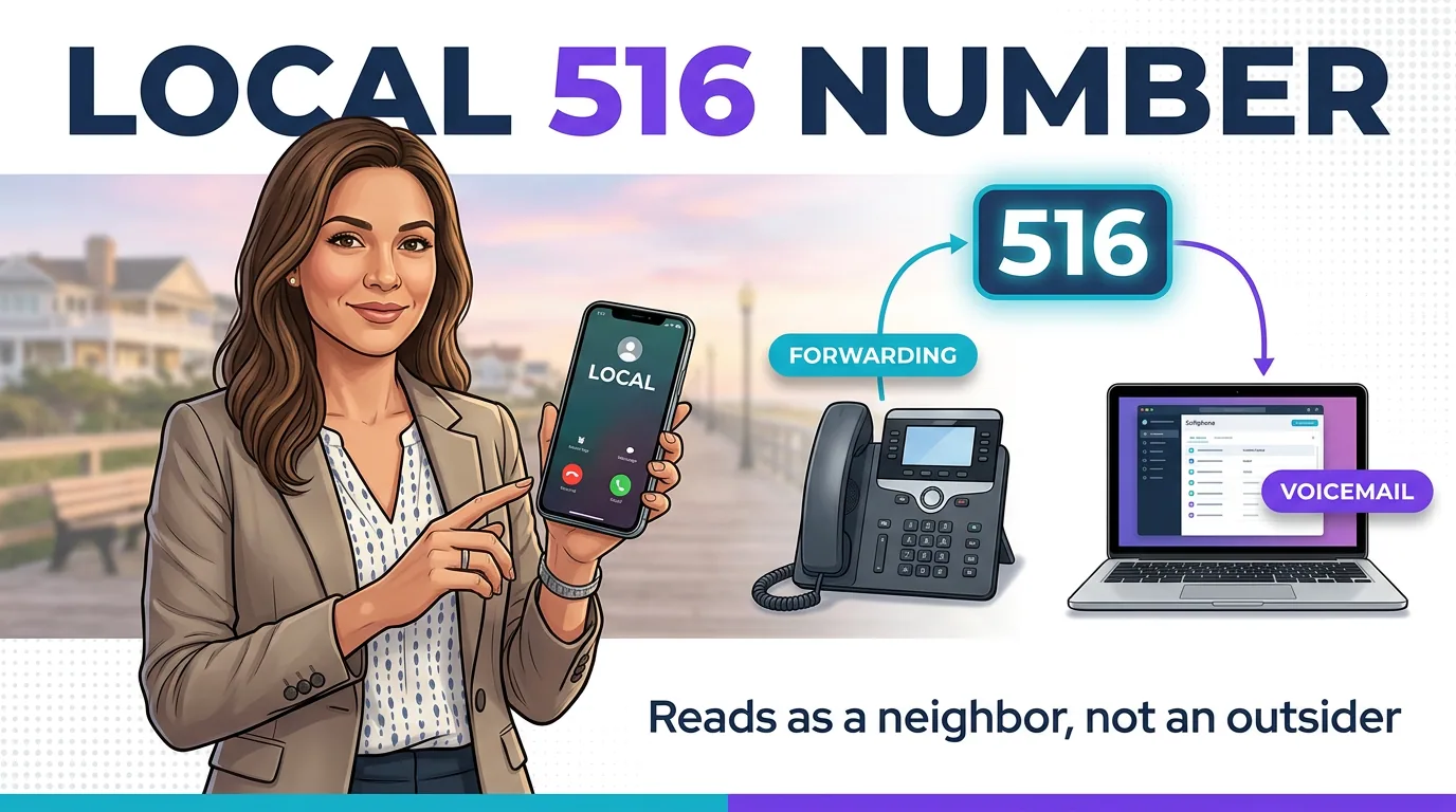 Business professional holding a phone with a local 516 number, connected to call forwarding and voicemail, reading as a neighbor not an outsider
