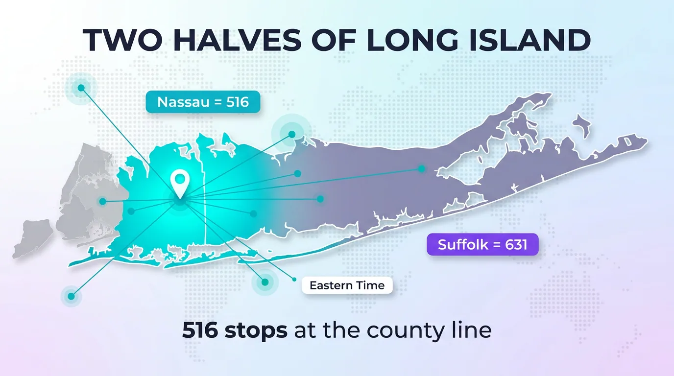 Map contrasting the two halves of Long Island: Nassau County on 516 and Suffolk County on 631, with 516 stopping at the county line