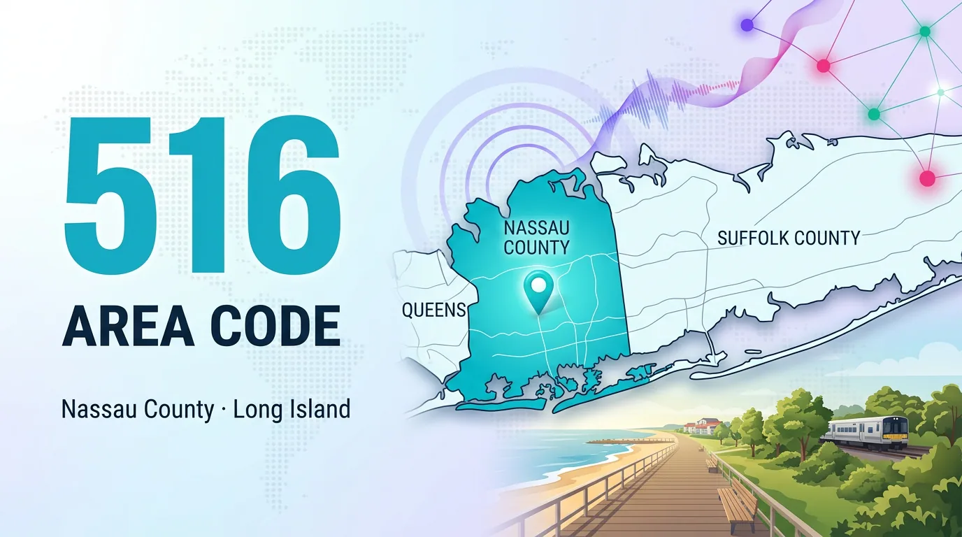 516 area code infographic showing Nassau County on the western half of Long Island, New York