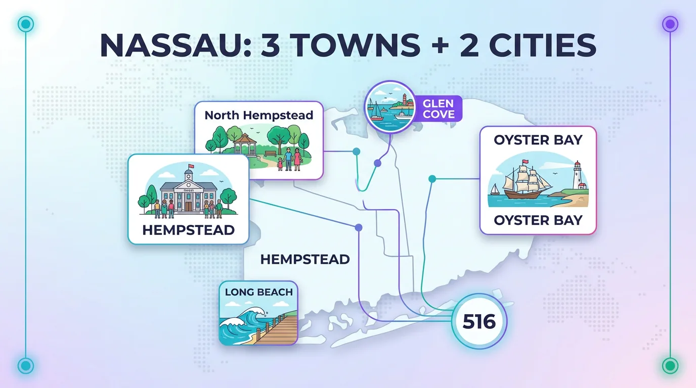 Infographic of Nassau County's three towns plus two cities served by 516: Hempstead, North Hempstead, Oyster Bay, Long Beach, and Glen Cove