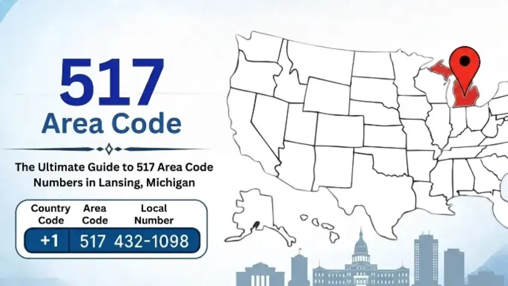 Infographic with a US map highlighting Michigan, a location pin on Lansing, the Michigan State Capitol dome silhouette, and a 517 badge in MCM cyan and violet on a pale blue-lavender background
