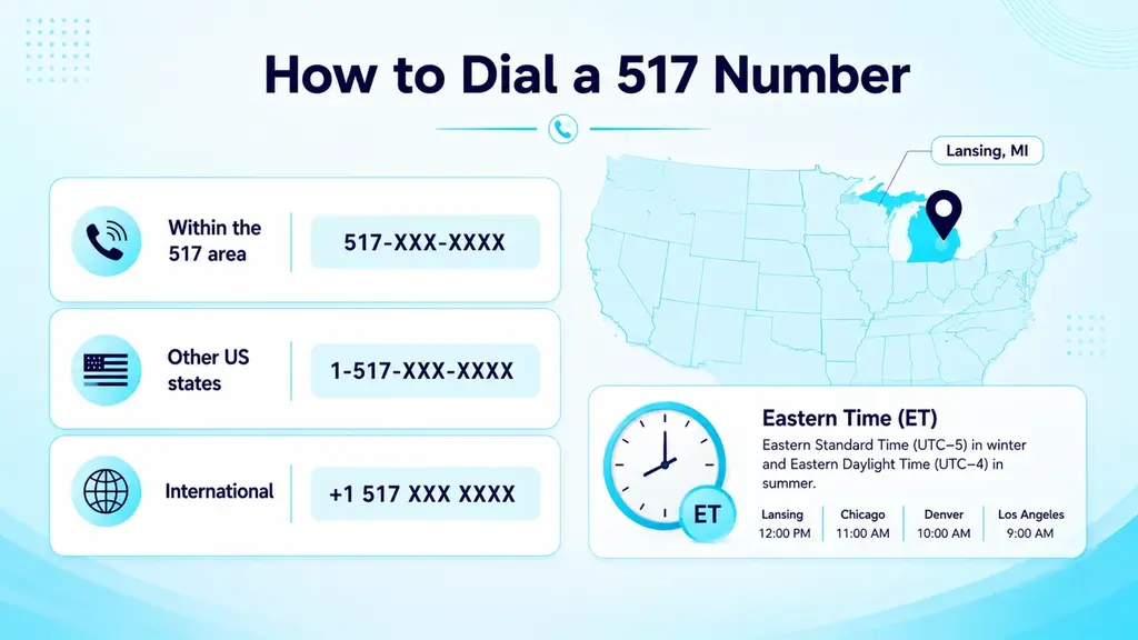 How to dial a 517 number — dialing formats for local, US, and international calls with Eastern Time zone info