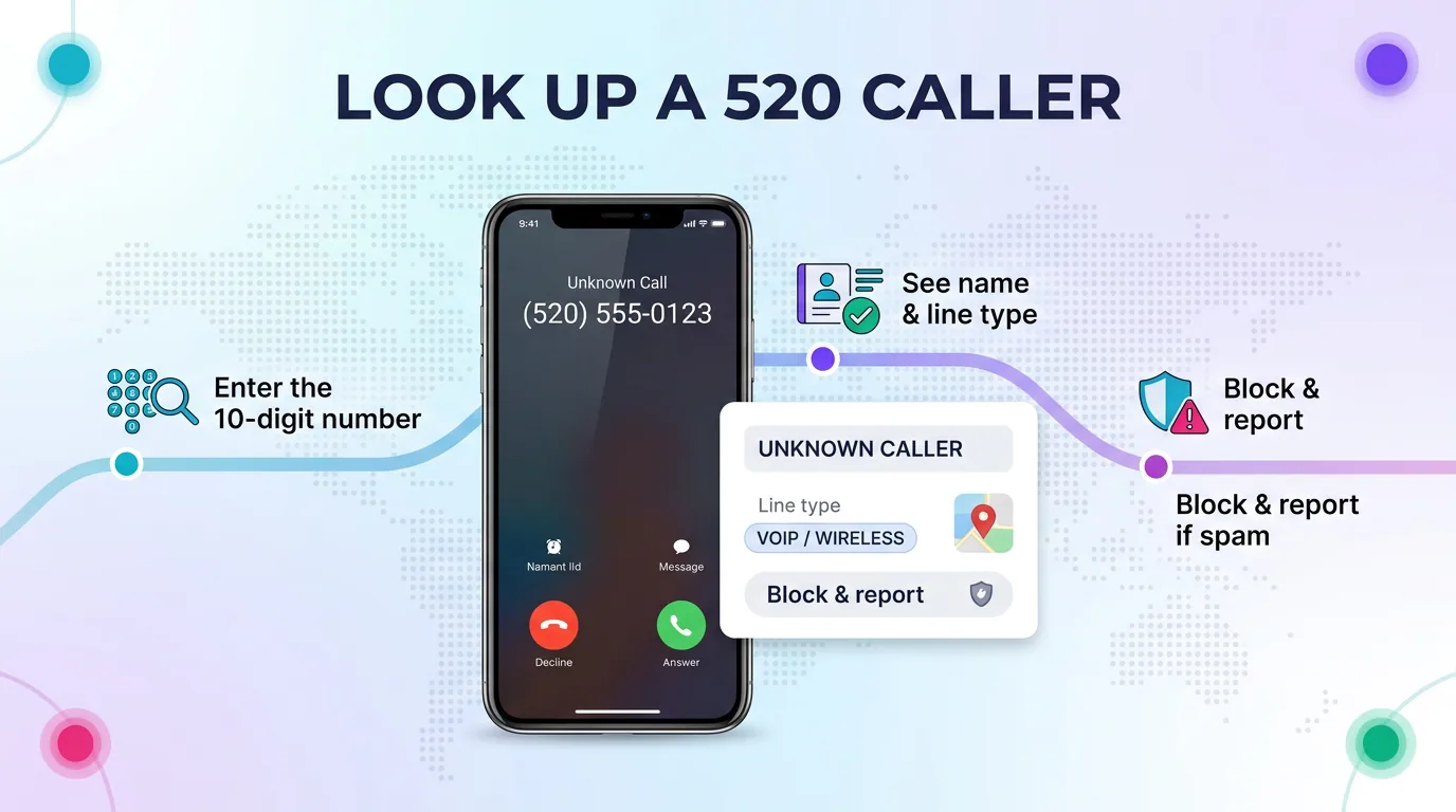 Step-by-step infographic for looking up a 520 caller: enter the 10-digit number, see name and line type, then block and report if spam