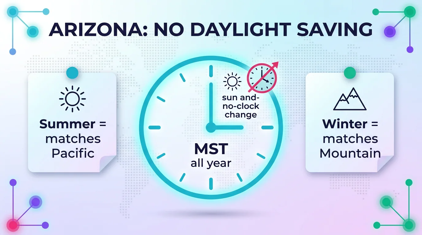 Infographic explaining Arizona has no Daylight Saving, with the 520 region on MST all year, matching Pacific in summer and Mountain in winter