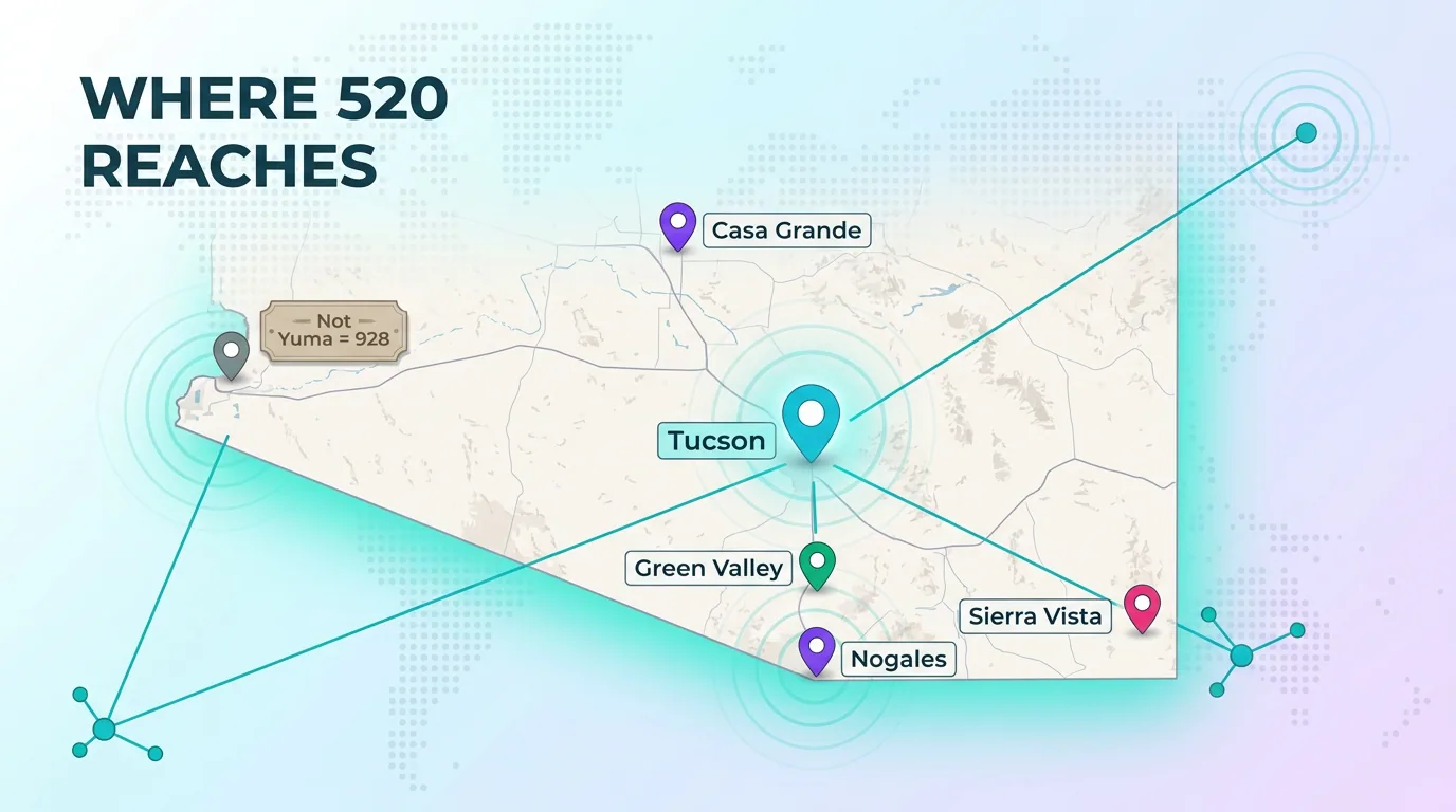 Map of where the 520 area code reaches across southern Arizona, including Tucson, Casa Grande, Green Valley, Nogales, and Sierra Vista, with Yuma on 928 excluded