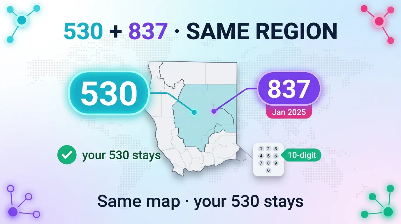 Diagram of the 530 and 837 codes sharing the same region, with the 837 overlay added January 2025 and existing 530 numbers unchanged under 10-digit dialing