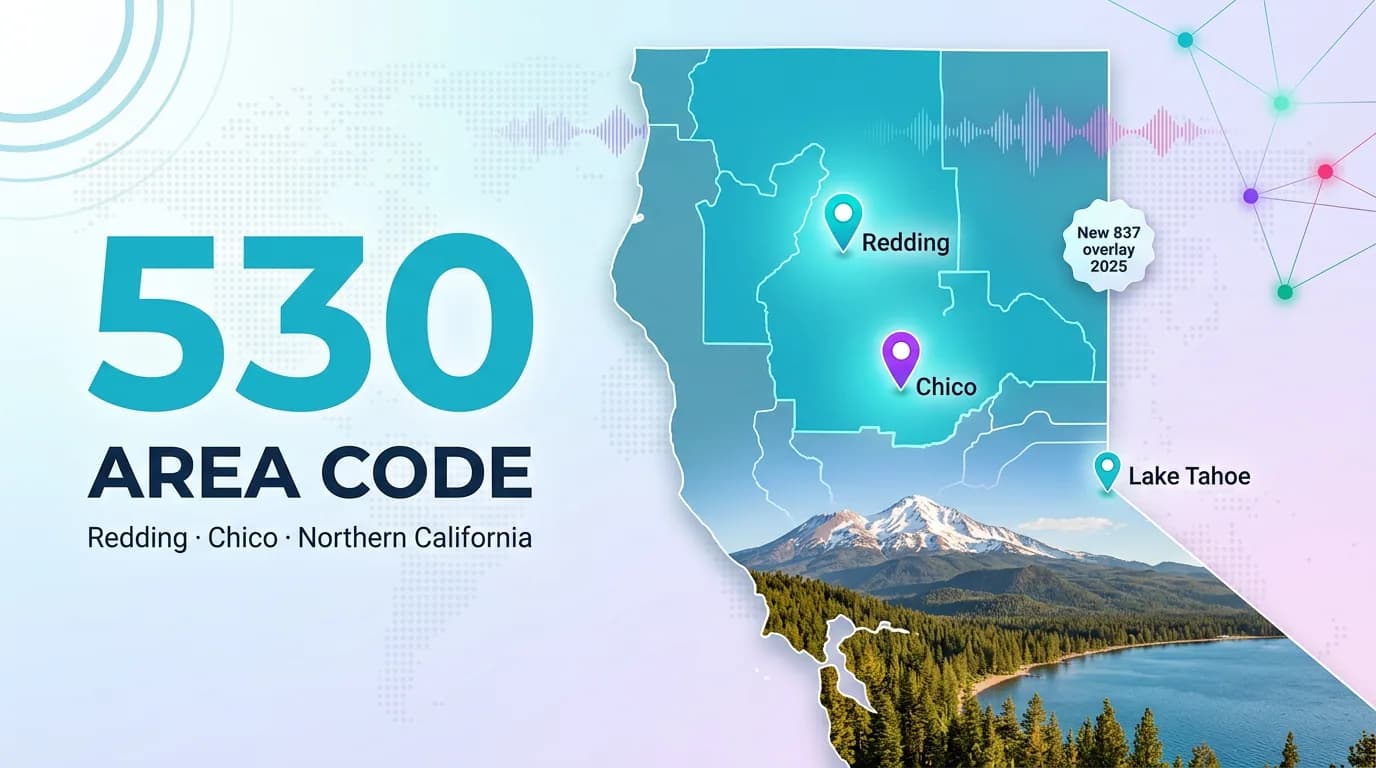 530 area code map of northern California covering Redding, Chico, and Lake Tahoe with the new 837 overlay note