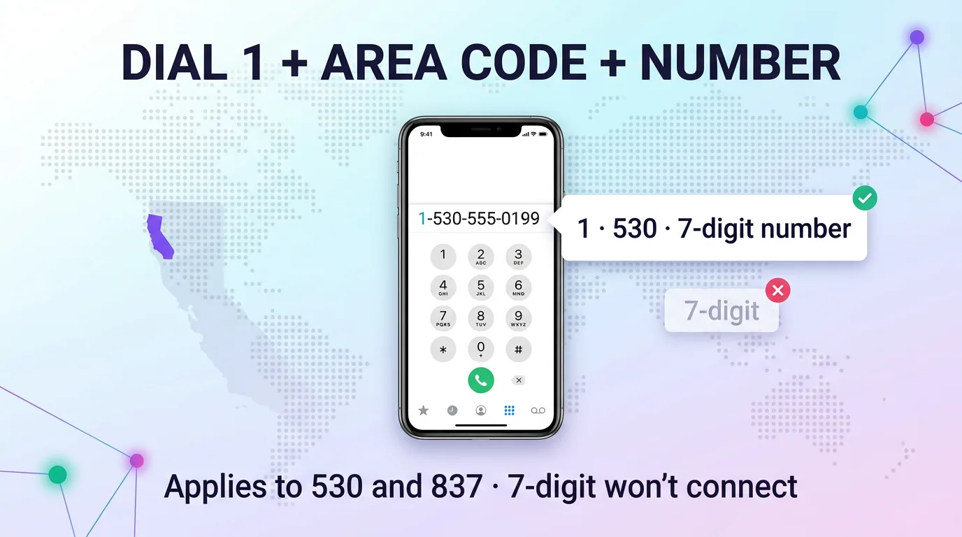 Phone keypad illustration showing how to dial 1 plus area code plus number for 530 and 837 calls, with a note that 7-digit dialing won't connect