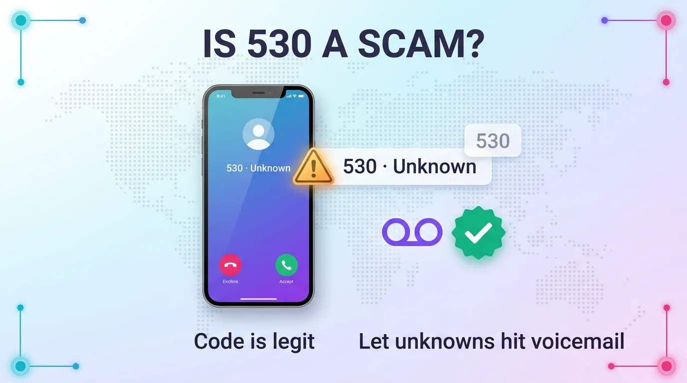 Graphic asking is 530 a scam, showing the code is legitimate while advising callers to let unknown numbers go to voicemail