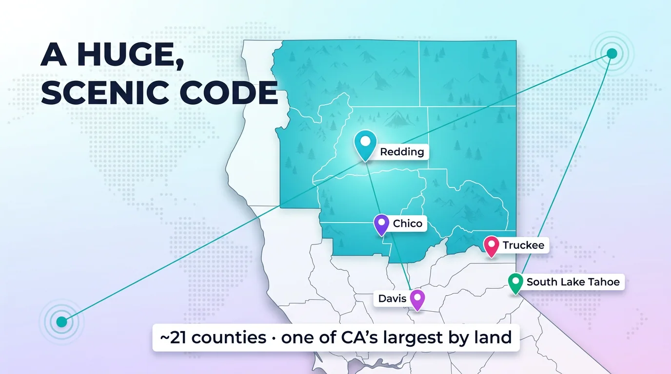 Map showing the 530 area code spans about 21 counties and is one of California's largest by land area, marking Redding, Chico, Davis, Truckee, and South Lake Tahoe