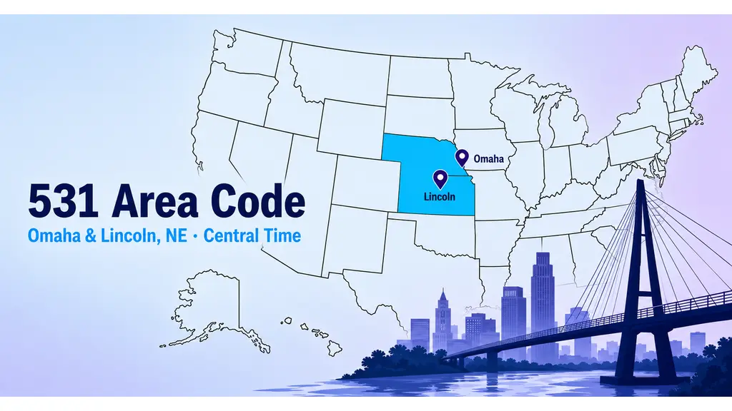 Infographic with a US map highlighting Nebraska, location pins on Omaha and Lincoln, the Bob Kerrey Pedestrian Bridge silhouette over the Missouri River, and a 531 badge in MCM cyan and violet on a pale blue-lavender background