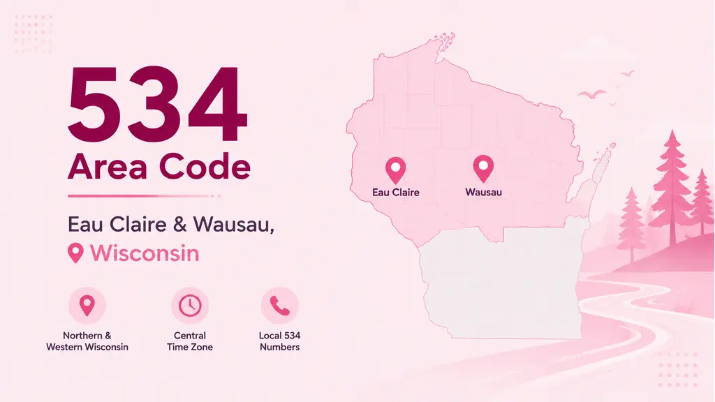 Infographic with a US map highlighting northern Wisconsin, location pins on Eau Claire and Wausau, a northwoods pine forest and river silhouette, and a 534 badge in MCM cyan and violet on a pale blue-lavender background