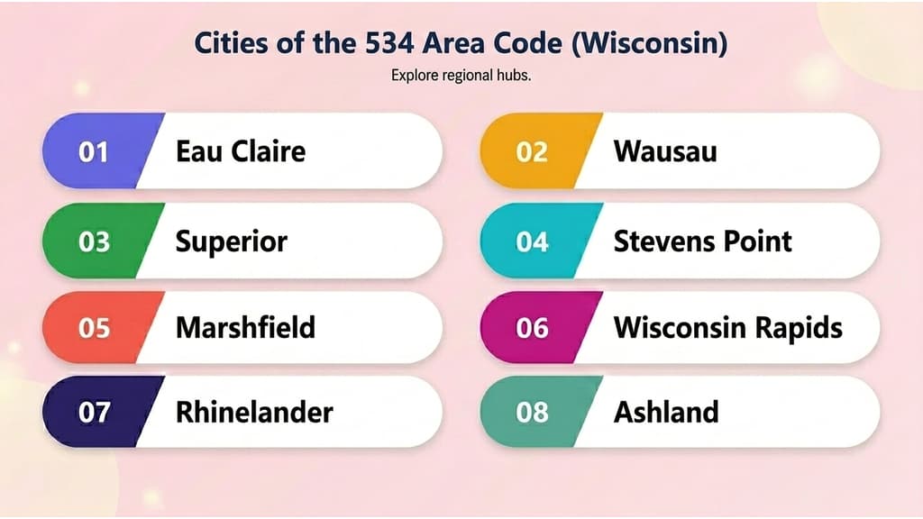 Major cities in the 534 area code — Eau Claire, Wausau, Superior, Stevens Point, Marshfield, Wisconsin Rapids, Rhinelander, Ashland