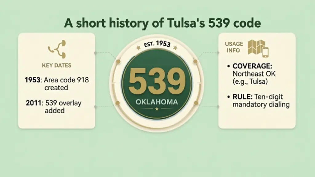 Commemorative medallion infographic showing EST 1953 at the top arc, large white 539 numeral in the centre, Oklahoma subtitle, and four stat cards radiating out — Origin from 918, Overlay Year 2011, Counties Served, 10-digit dialing required — on a pale blue background with a faint Oklahoma outline