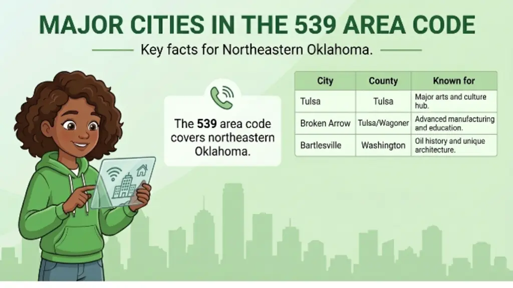 Major cities in the 539 area code — Tulsa, Broken Arrow, Owasso, Bartlesville, Claremore, Muskogee, Tahlequah, McAlester