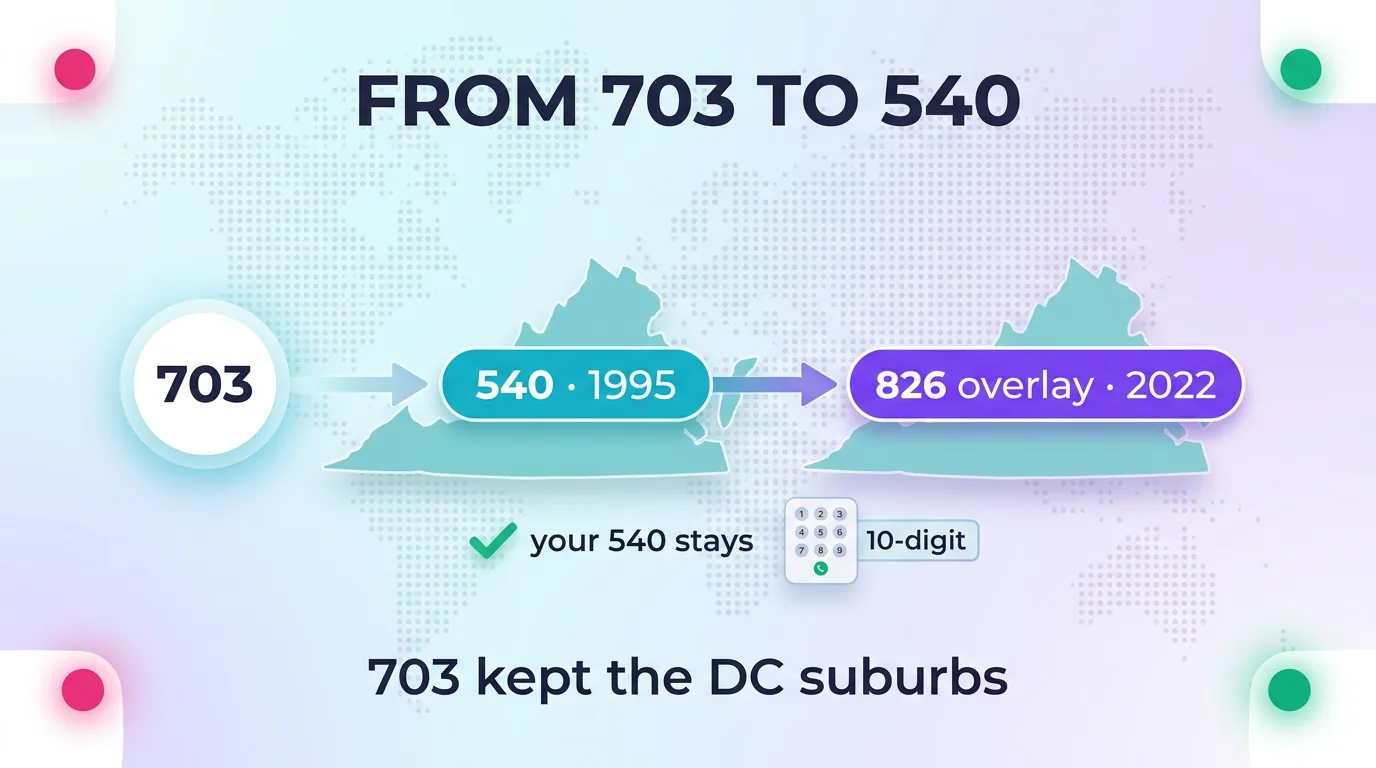 Timeline showing the split from 703 in 1995 to the 540 area code and the 826 overlay in 2022