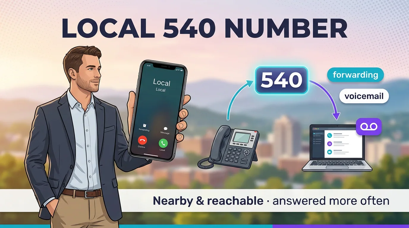 A local 540 number ringing across desk phone, mobile, and laptop with call forwarding and voicemail