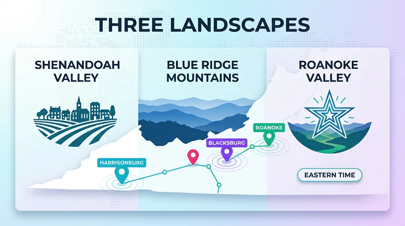 Three landscapes of the 540 region: the Shenandoah Valley, Blue Ridge Mountains, and Roanoke Valley