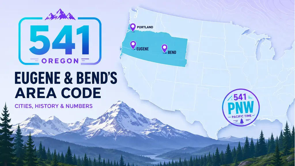 Infographic with a US map highlighting Oregon, location pins on Eugene and Bend, a Cascade mountain range silhouette with a pine forest foreground, and a 541 badge in MCM cyan and violet on a pale blue-lavender background