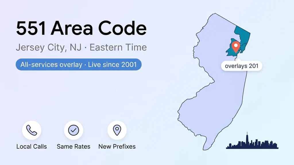 Map of northeastern New Jersey with Hudson and Bergen counties highlighted, a bold 551 area code heading, and the Manhattan skyline sketched faintly across the Hudson River