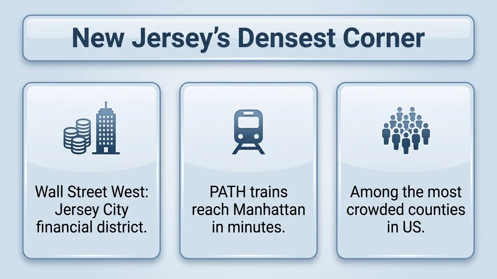 Editorial stat graphic titled New Jersey's Densest Corner, with rows for Hudson County population density, the PATH train, and Jersey City's Exchange Place financial district